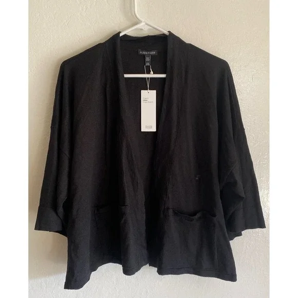 NEW Eileen Fisher Organic Linen Crepe Stretch Short Cardigan Black L/XL - Picture 2 of 12